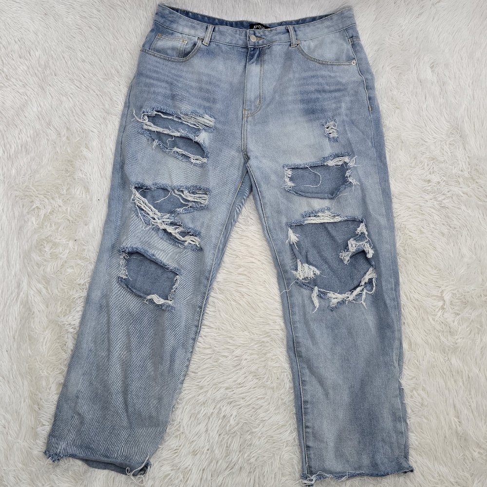 NASTYGAL Light Wash High Waisted Super Distressed‎ Boyfriend Jeans 12